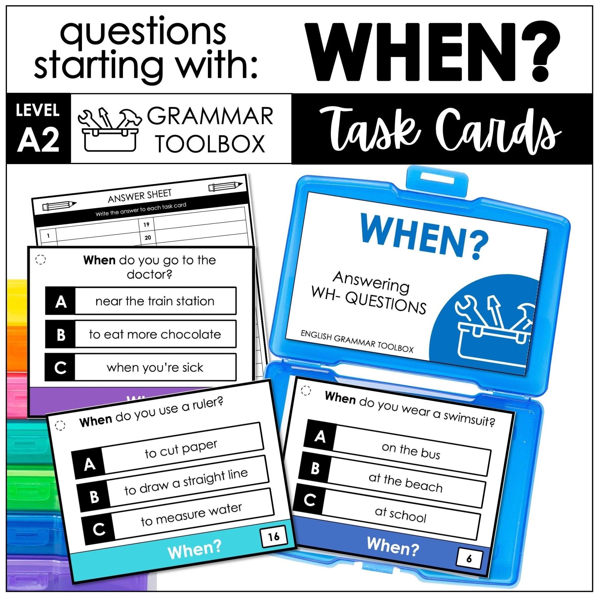 WHEN Questions - WH Question Word Comprehension Task Cards - Hot Chocolate Teachables
