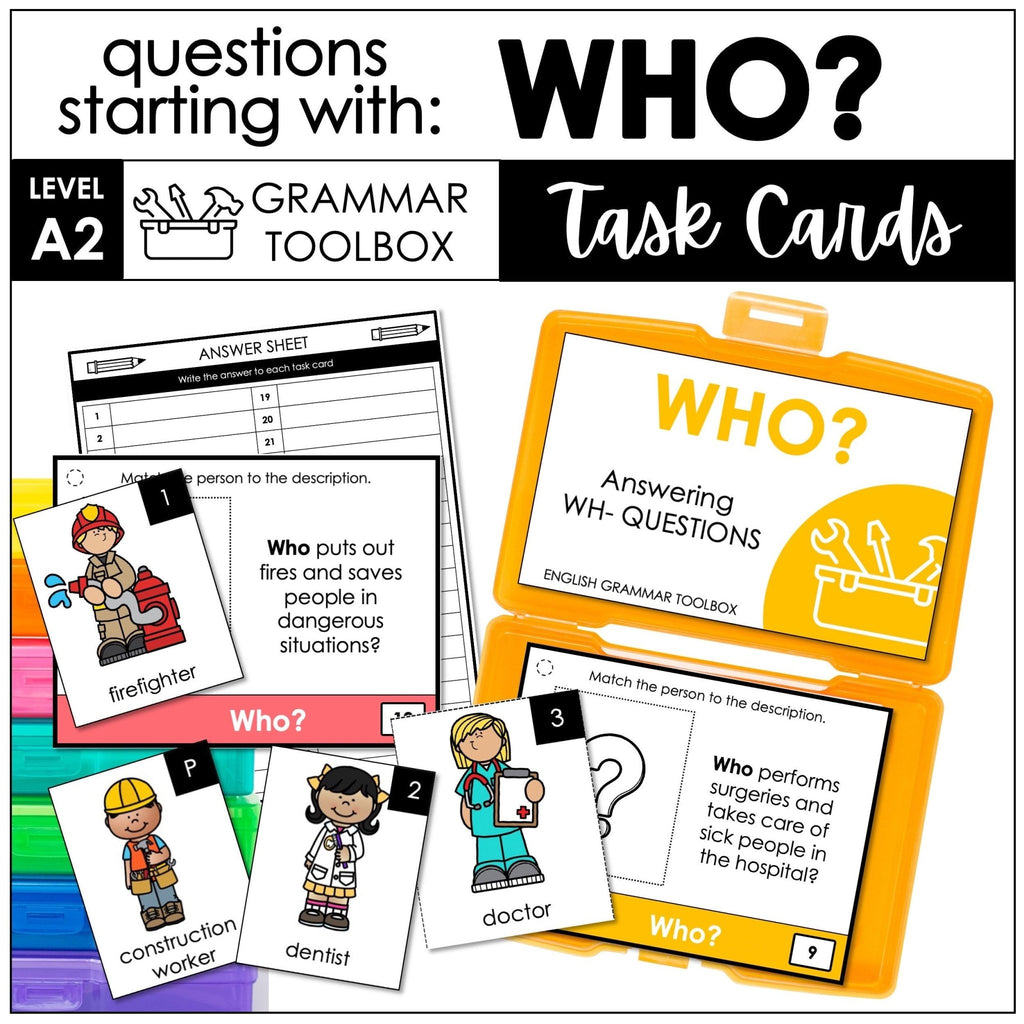 WHO Questions - WH Question Word Task Cards with Community Helpers - Hot Chocolate Teachables