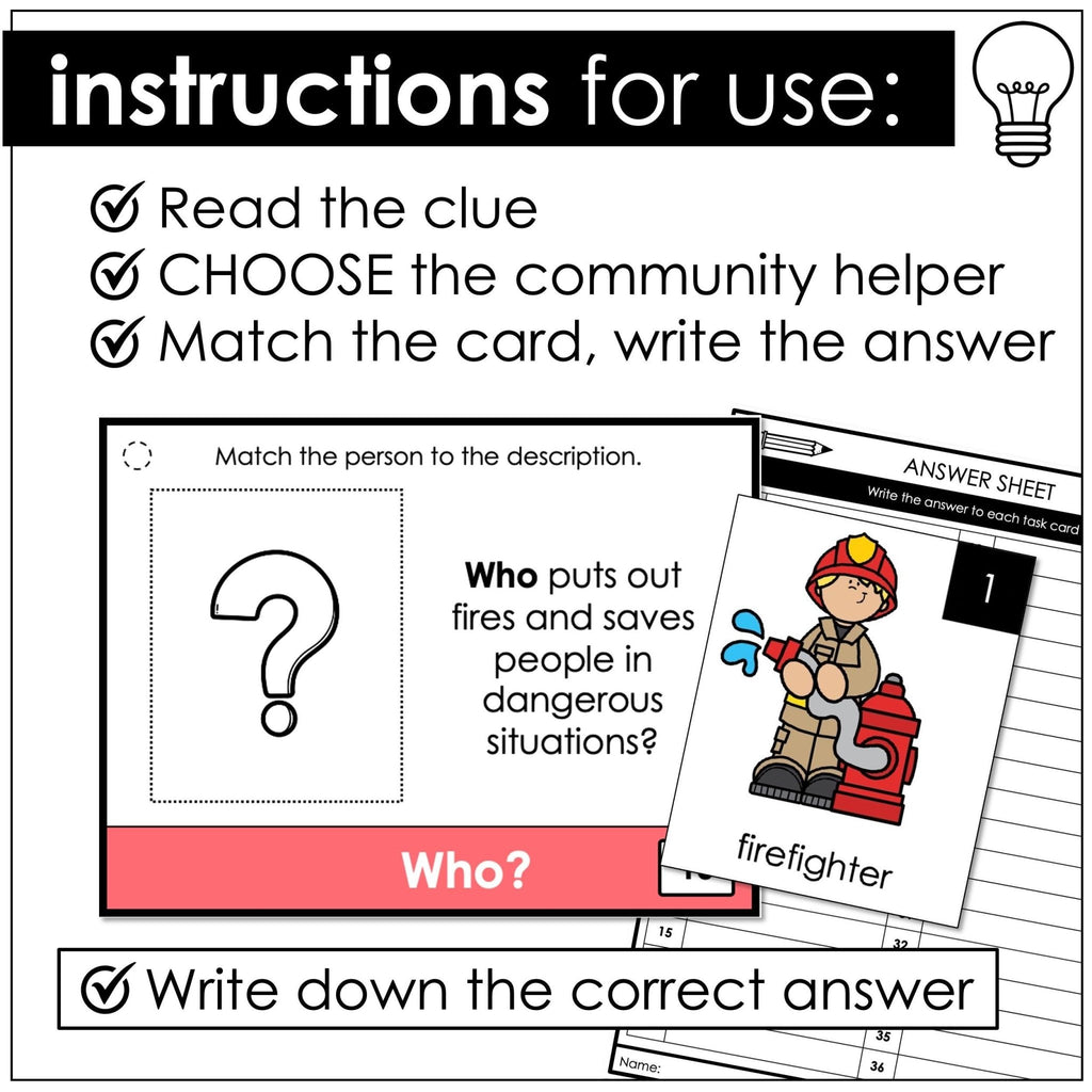 WHO Questions - WH Question Word Task Cards with Community Helpers - Hot Chocolate Teachables