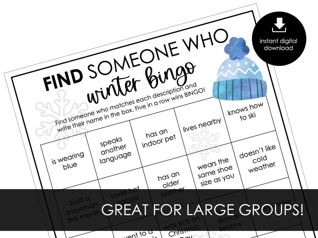 Winter Find Someone Who Printable Bingo Game, Holiday Party Game, Winter Classroom Activity for Kids, Winter Office Party Game - Hot Chocolate Teachables