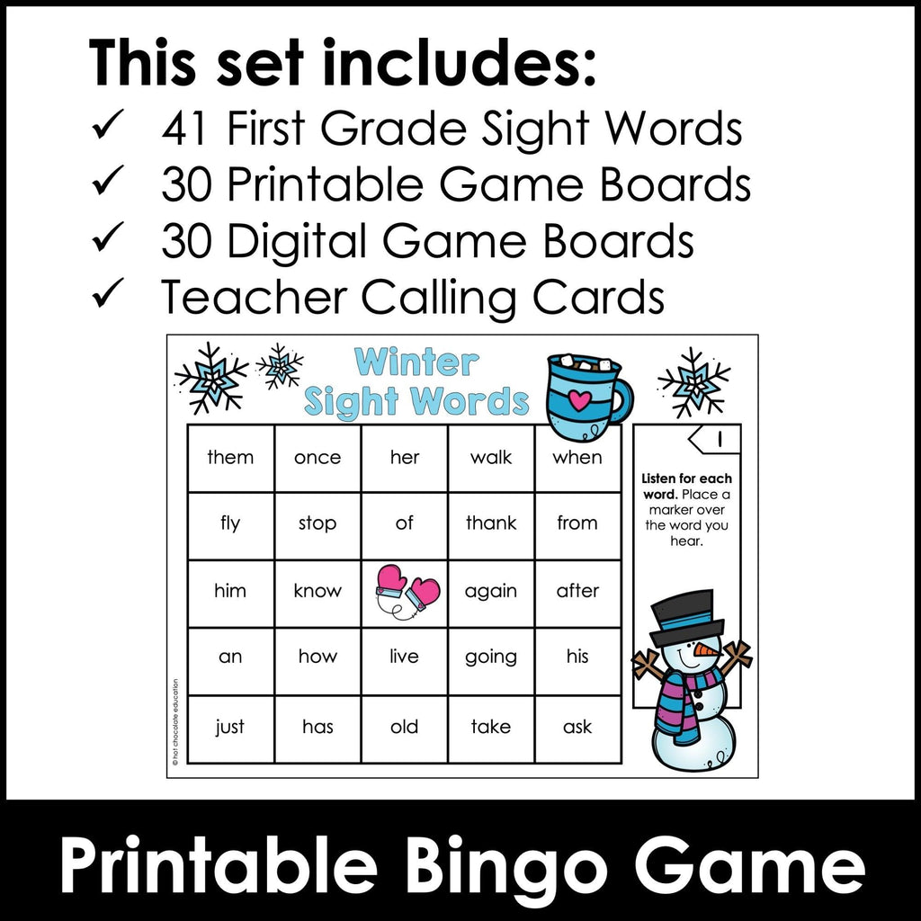 WINTER First Grade Sight Words Bingo Game - Print & Digital Google Slides™ - Hot Chocolate Teachables