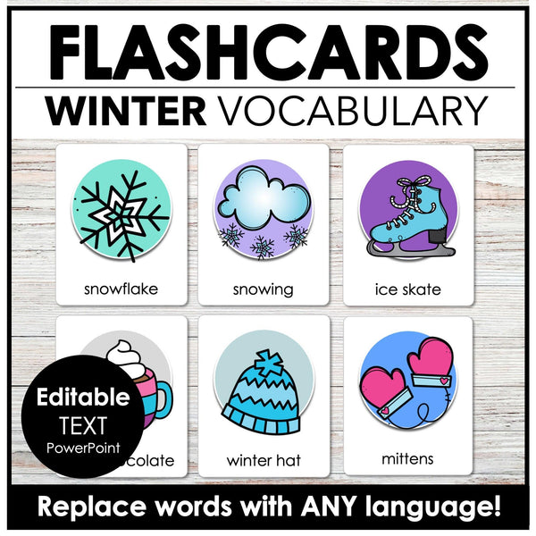 Winter Vocabulary Flashcards - Flash Cards with Editable text for ESL EFL ELA - Hot Chocolate Teachables