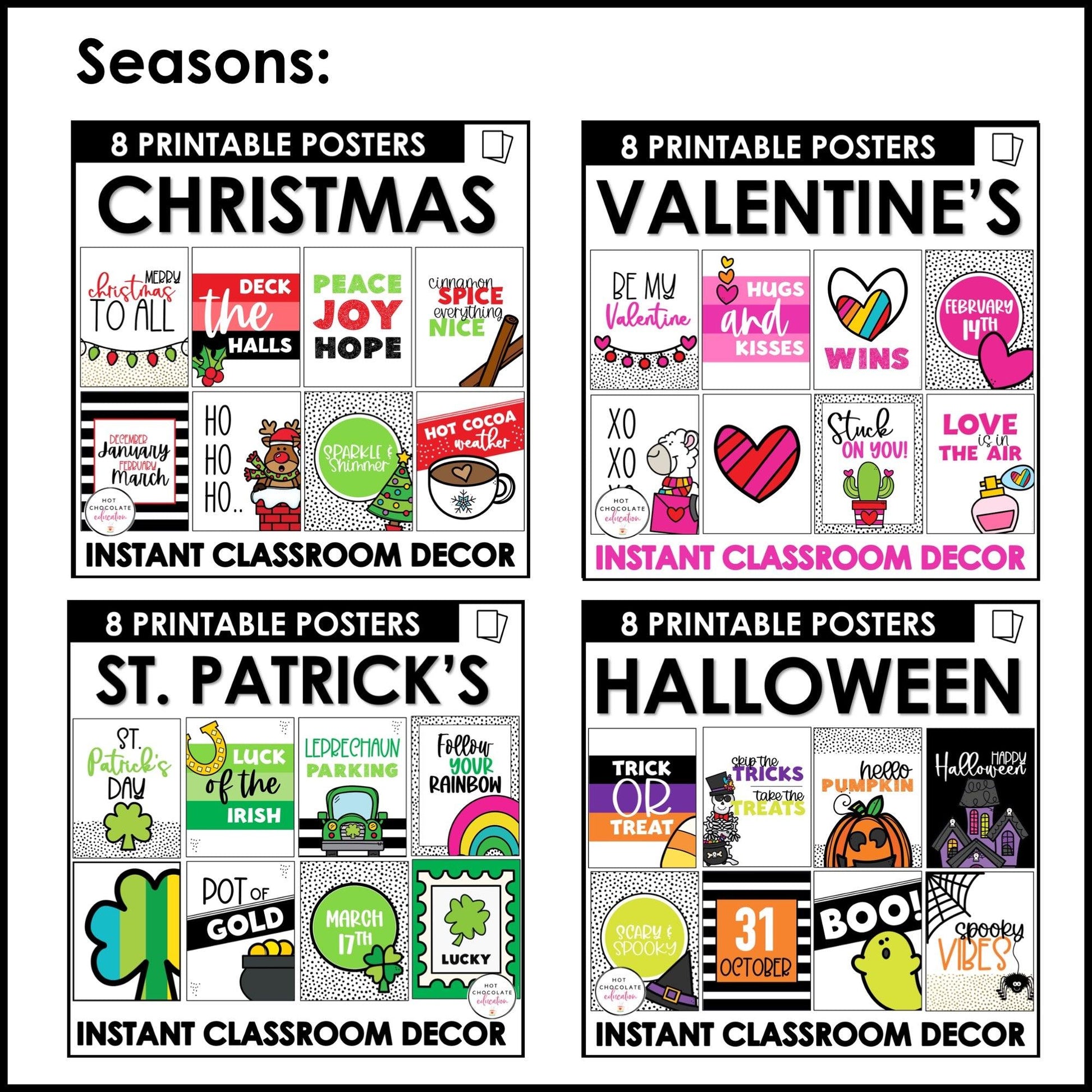 YEAR LONG Decorative Classroom Poster BUNDLE | SEASONAL Bulletin Board Decor - Hot Chocolate Teachables